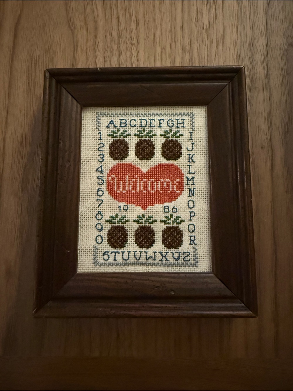 Handmade Welcome Cross-Stitch Wall Art - Red Heart, Brown Apples